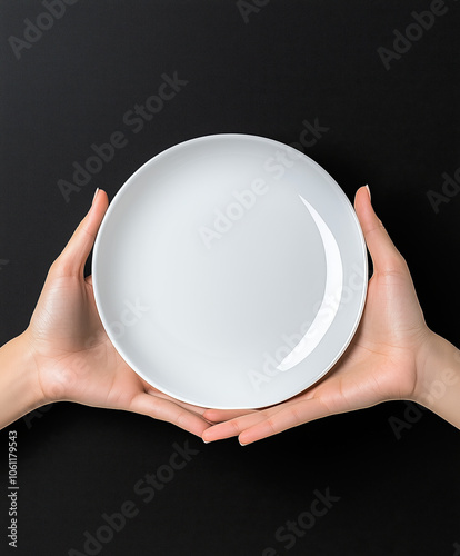 Minimalistic Black Background Featuring a Hand Grasping an Empty Plate from Above, Ideal for Restaurant and Food Photography photo