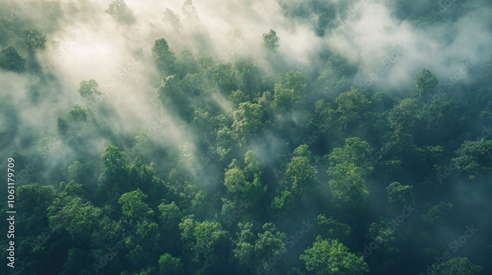 Fototapeta premium Aerial view of a lush forest enveloped in mist and soft sunlight.