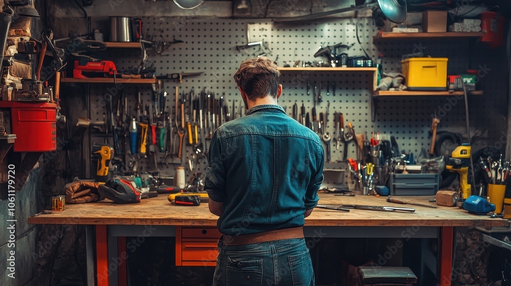 Skilled Craftsmanship: A Mechanic's Workshop Filled with Tools and Potential Skilled Craftsmanship: A Mechanic's Workshop Filled with Tools and Potential