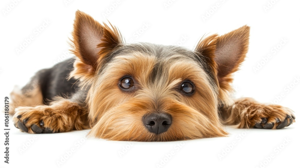 A close-up of a relaxed Yorkshire Terrier resting with its head on the ground. A close-up of a relaxed Yorkshire Terrier resting with its head on the ground.