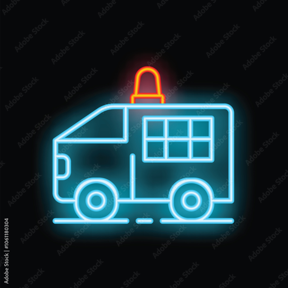 Blue neon icon of a police van driving with its lights turned on, on a dark background