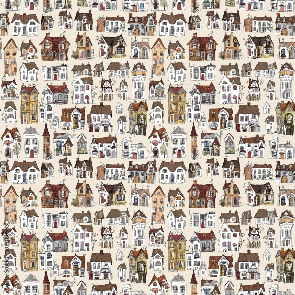 Fototapeta premium Charming house pattern with warm architectural illustrations in earthy tones on a neutral background for decoration