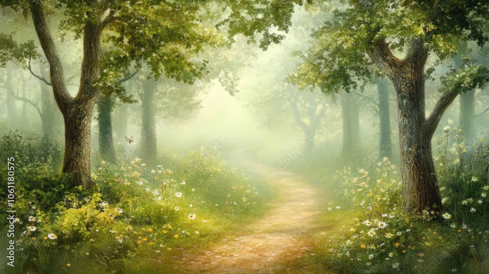 Naklejka premium A serene forest path surrounded by trees and flowers, evoking tranquility and nature's beauty.