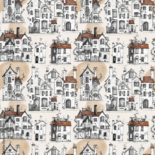 Charming house pattern with architectural illustrations in black and white on a soft beige background for decoration