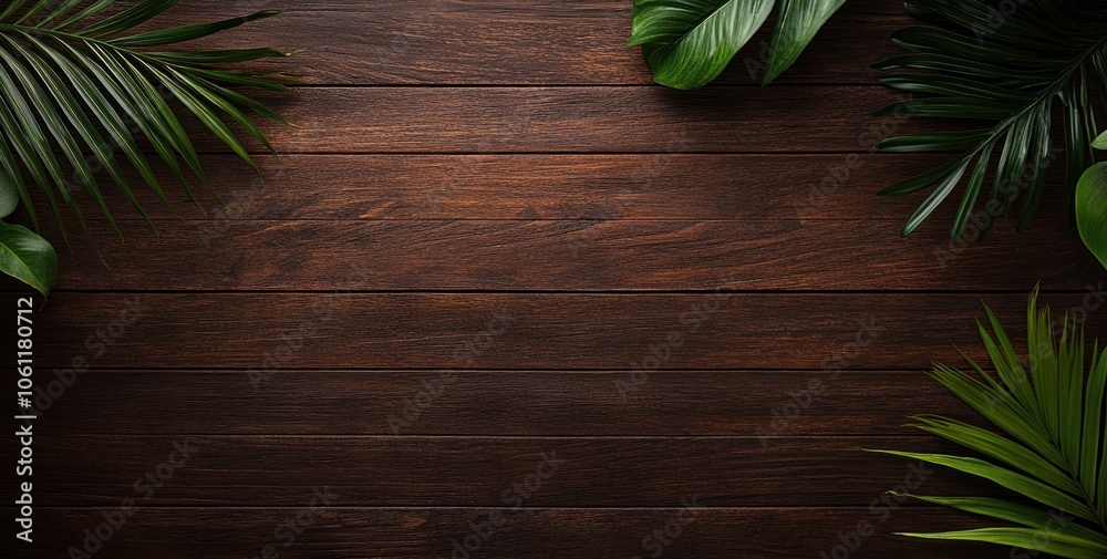 A wooden surface adorned with lush green tropical leaves. A wooden surface adorned with lush green tropical leaves.