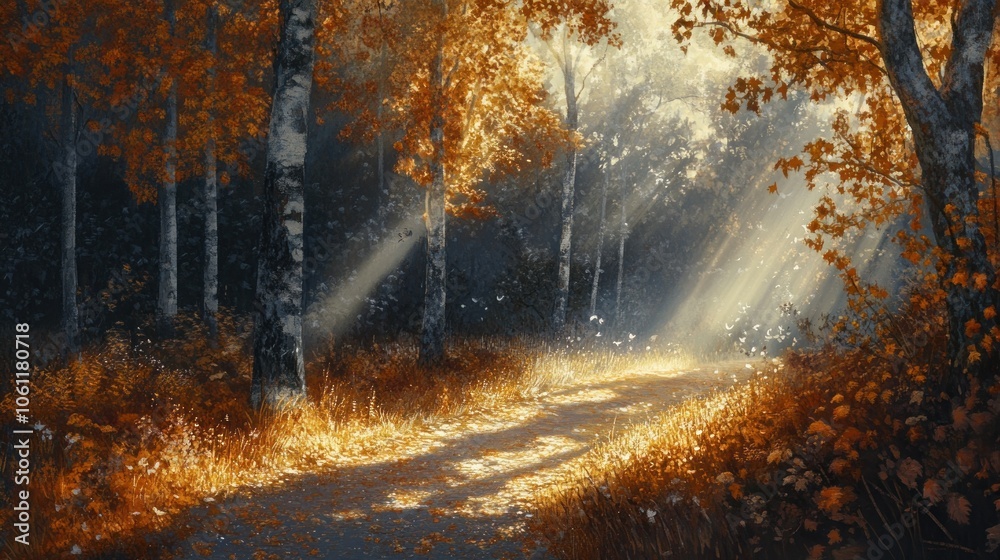 A serene forest path illuminated by golden sunlight filtering through autumn foliage. A serene forest path illuminated by golden sunlight filtering through autumn foliage.