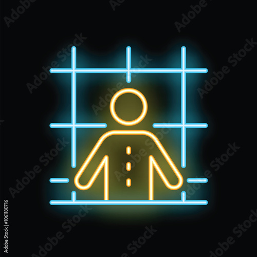 Neon sign representing a person standing within a luminous frame, symbolizing confinement or observation