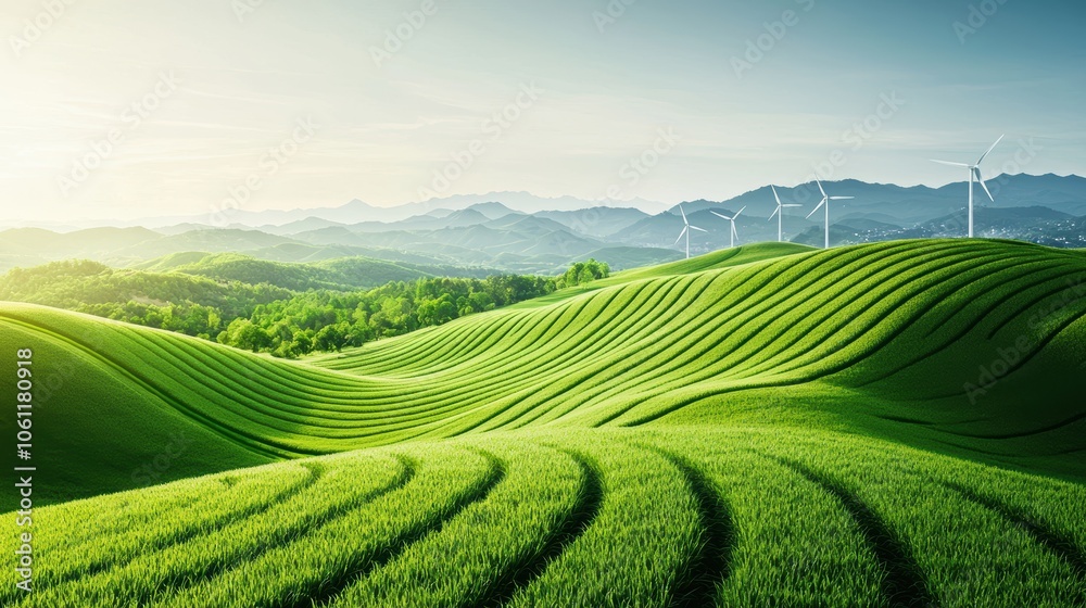 An expansive wind farm stretching across a rolling landscape, countless wind turbines generating clean energy in harmony with nature. An expansive wind farm stretching across a rolling landscape, countless wind turbines generating clean energy in harmony with nature.