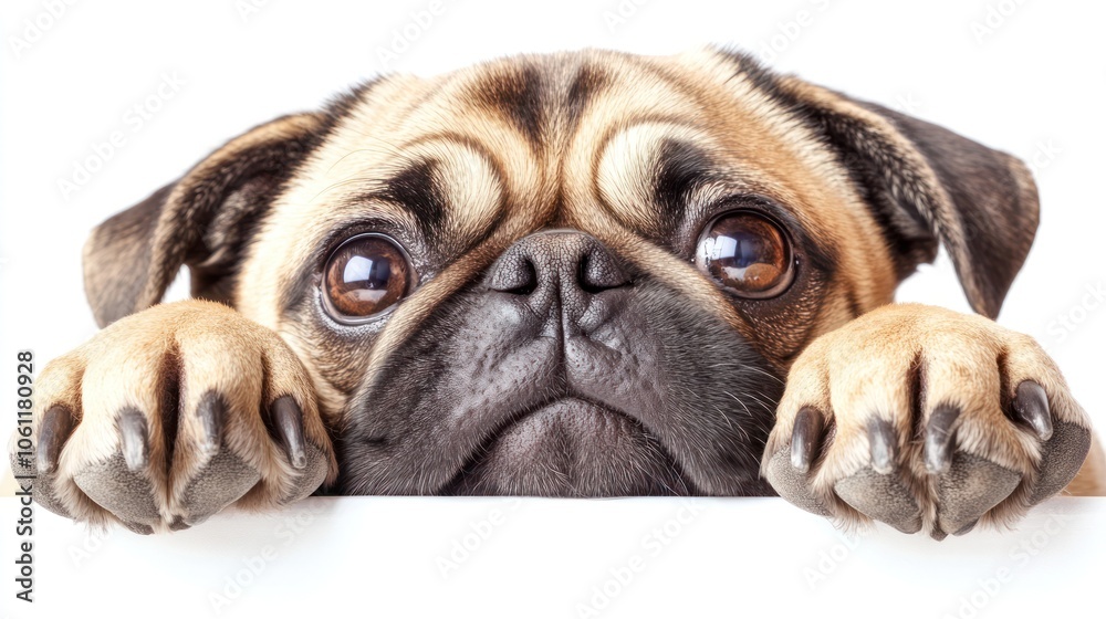 A close-up of a pug's face with paws resting on a surface, evoking cuteness. A close-up of a pug's face with paws resting on a surface, evoking cuteness.