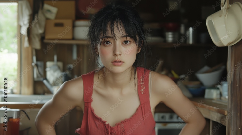 居心地の良いキッチンで物思いにふける若い女性 居心地の良いキッチンで物思いにふける若い女性