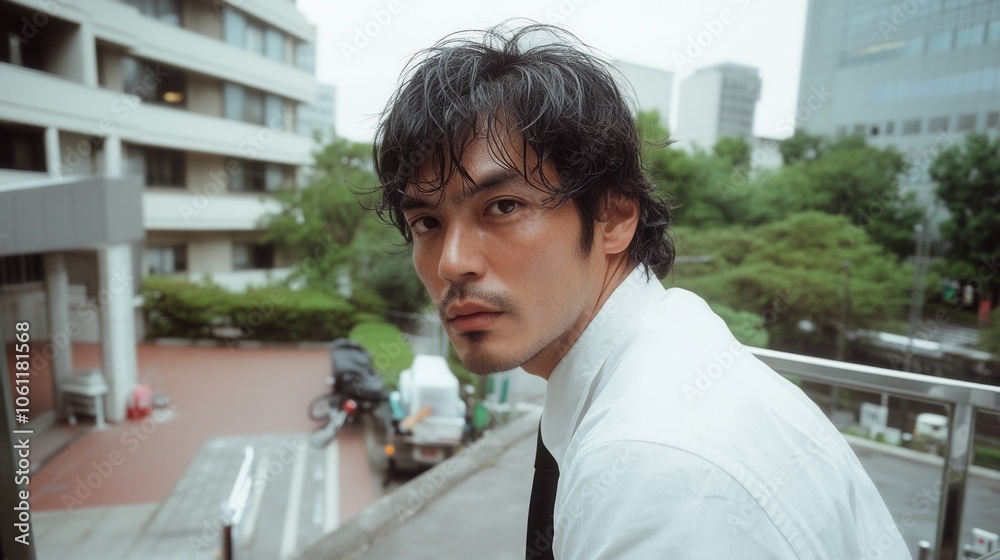 Fototapeta premium 都市の風景を背景に、ぼさぼさの髪で物思いにふける都会の男性