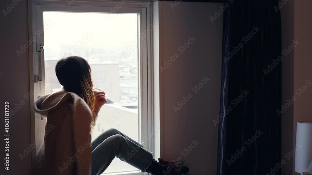 Loneliness young Asian woman sitting by the window and looking cityscape building covered in snow in bedroom. Attractive girl relaxing in hotel room during travel on winter holiday vacation. Loneliness young Asian woman sitting by the window and looking cityscape building covered in snow in bedroom. Attractive girl relaxing in hotel room during travel on winter holiday vacation.