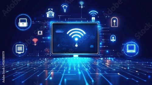 Digital representation of connectivity with icons for Wi-Fi, security, and devices.