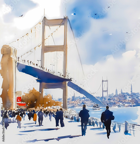 Watercolor illustration of Bosphorus Bridge in Istanbul