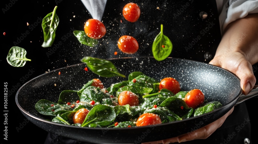 Fresh spinach and cherry tomatoes being prepared in a pan, showcasing vibrant cooking action. Fresh spinach and cherry tomatoes being prepared in a pan, showcasing vibrant cooking action.