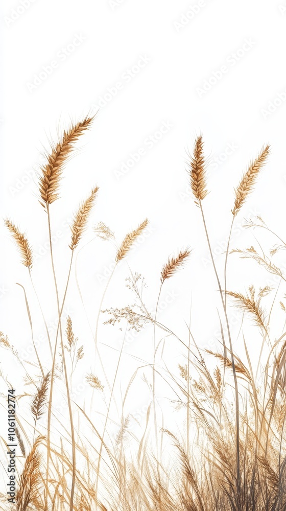 Present a realistic image of wheat stalks with golden grains against a pure white background, emphasizing the texture and natural elegance of each detail. Present a realistic image of wheat stalks with golden grains against a pure white background, emphasizing the texture and natural elegance of each detail.