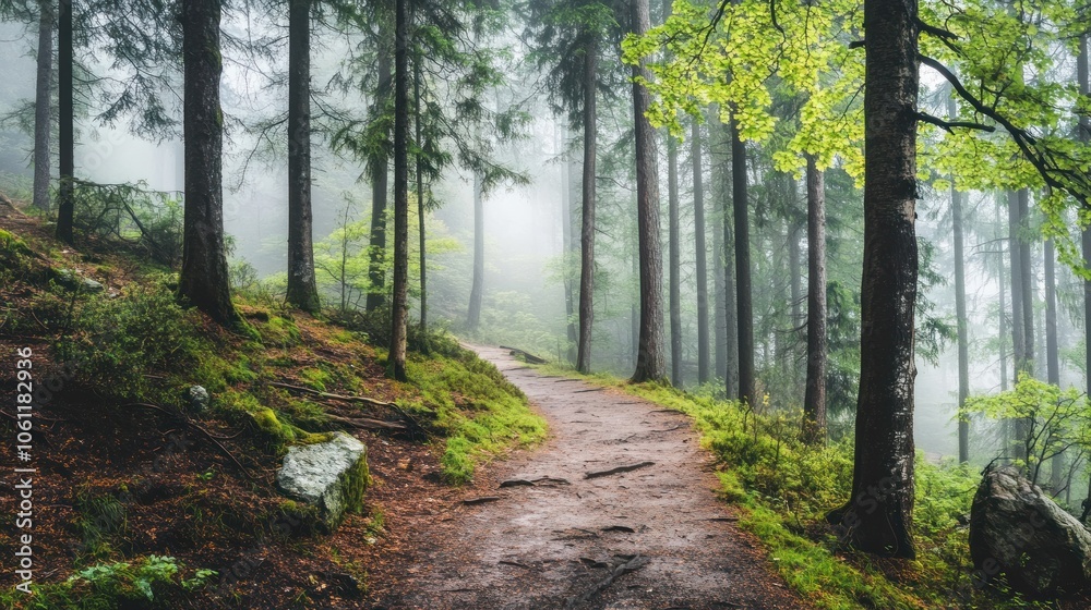 Fototapeta premium A serene forest path surrounded by tall trees and mist, inviting exploration and tranquility.