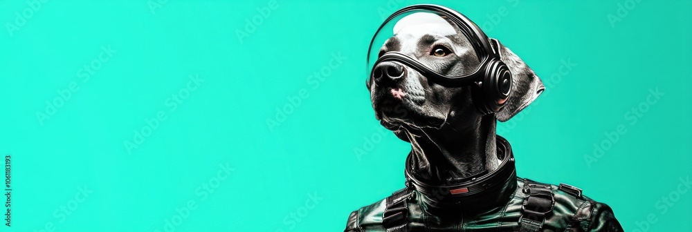 A dog wearing headphones and a tactical outfit against a bright background. A dog wearing headphones and a tactical outfit against a bright background.