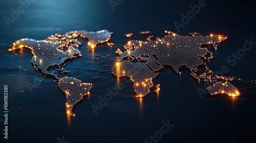 Fototapeta Naklejka Na Ścianę i Meble -  A modern, minimalist world map composed of sleek, geometric shapes representing continents, set against a dark background and illuminated by thin, glowing lines for borders.