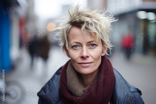 Portrait of a middle-aged woman with short blond hair in the city