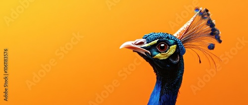 A vibrant peacock with a colorful crown against an orange background.