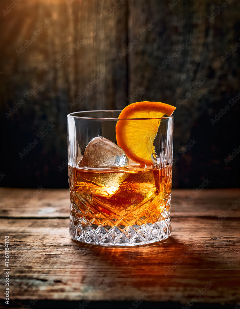An Old Fashioned cocktail with a large ice cube and orange slice, resting on a rustic wooden table An Old Fashioned cocktail with a large ice cube and orange slice, resting on a rustic wooden table