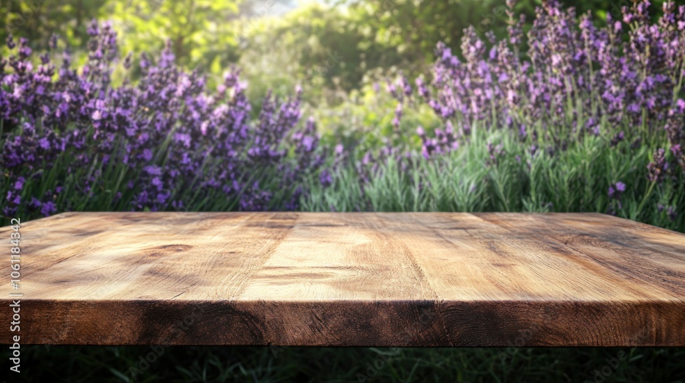 Fototapeta premium A rustic wooden table in front of a blooming lavender field.