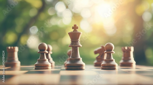 A chessboard with chess pieces strategically placed, representing strategic financial planning, calculated decision making, and achieving financial goals.