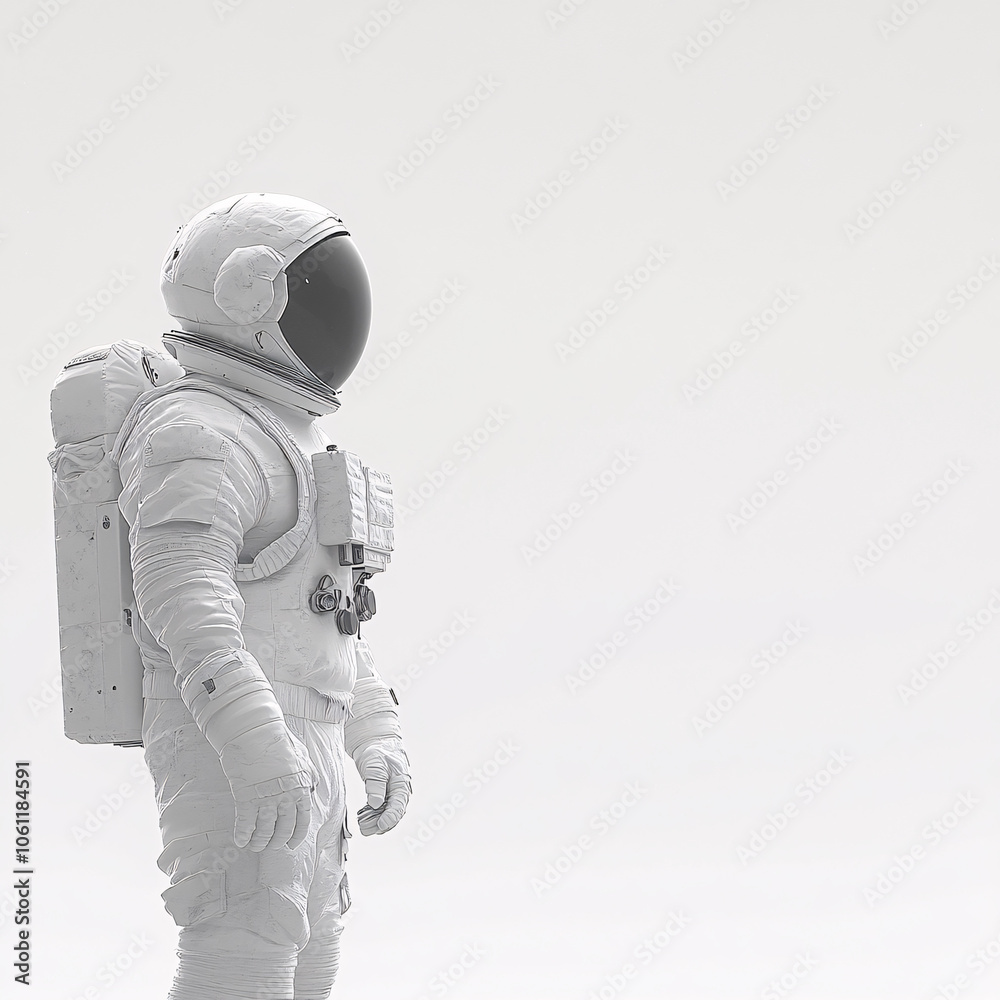 A hyper-realistic 3D rendering of an astronaut in a minimalist studio, ideal for designs related to space exploration, science fiction themes, and educational purposes. A hyper-realistic 3D rendering of an astronaut in a minimalist studio, ideal for designs related to space exploration, science fiction themes, and educational purposes.