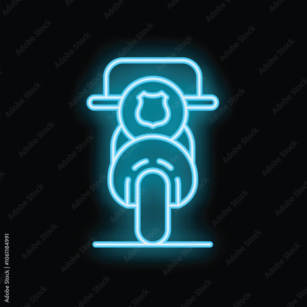 Neon glowing icon of a police motorcycle with a badge, representing law enforcement and security Neon glowing icon of a police motorcycle with a badge, representing law enforcement and security