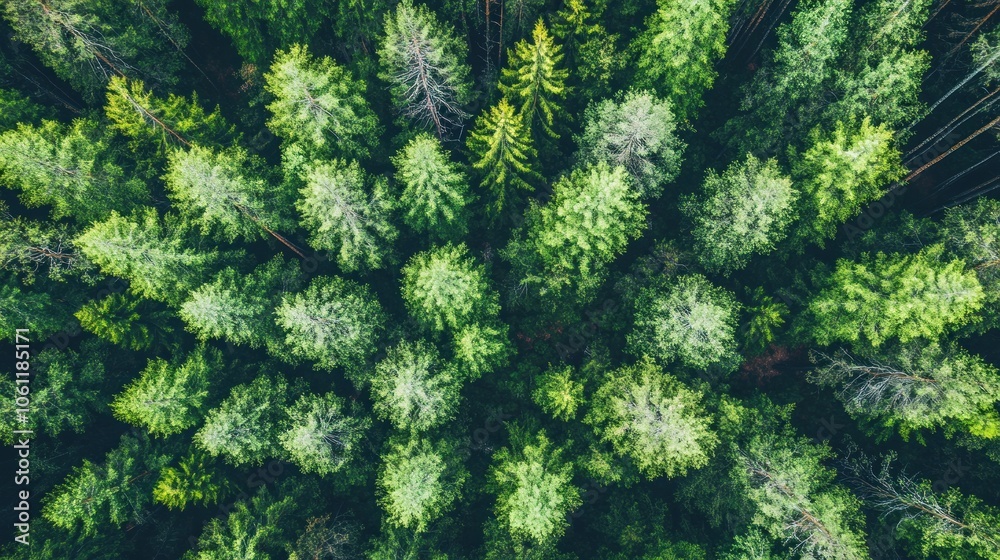 Fototapeta premium Aerial view of a lush green forest showcasing dense tree coverage.