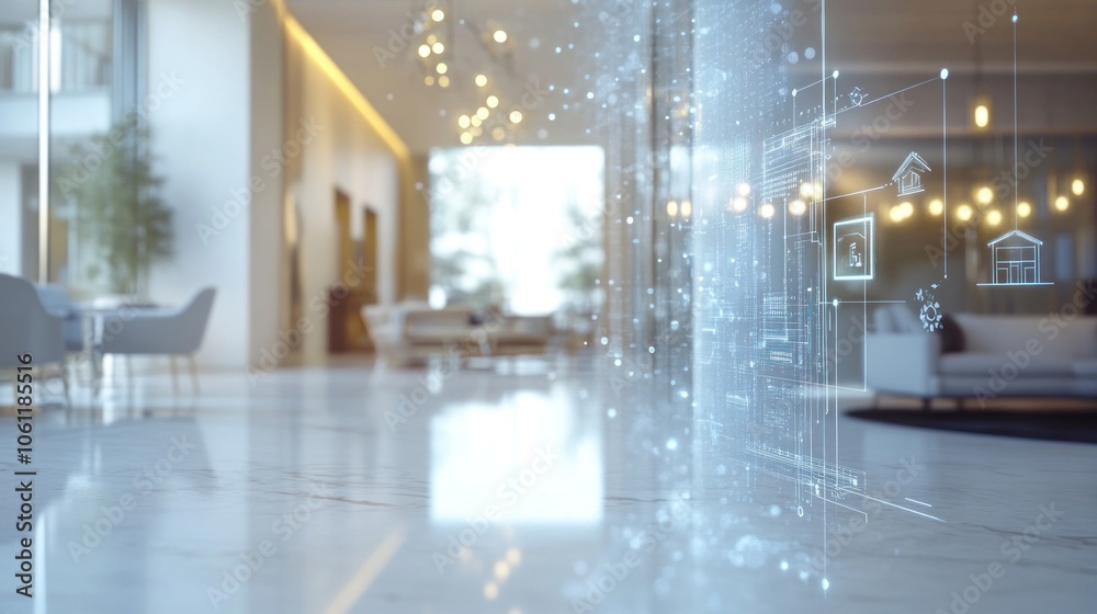 Modern interior with digital overlays representing smart technology integration. Modern interior with digital overlays representing smart technology integration.