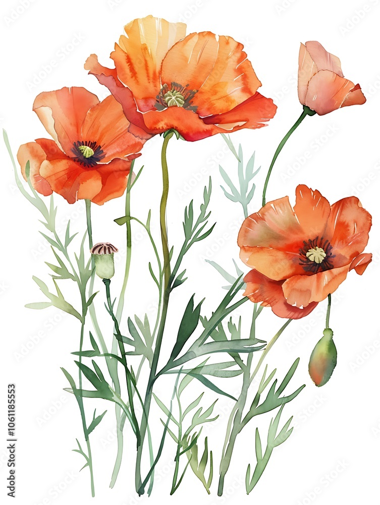 Fototapeta premium Watercolor Orange Poppy Isolated on White Background. Beautiful Poppy Flower