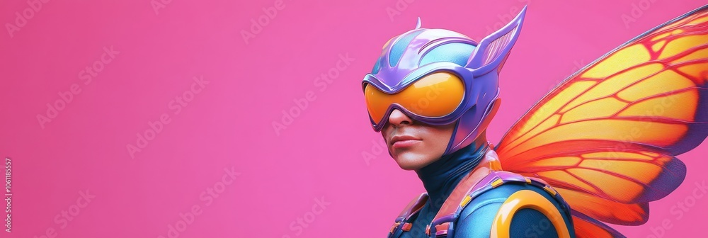 A vibrant character with butterfly wings in a colorful setting. A vibrant character with butterfly wings in a colorful setting.
