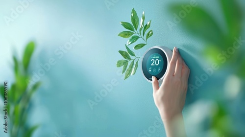 A close up of a hand adjusting a smart thermostat on a wall, the display showing a comfortable room temperature, emphasizing energy efficiency and automated comfort.