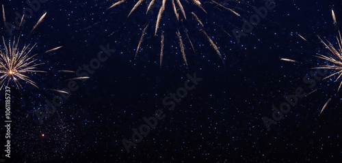 Sylvester New Year ,a long firework as fireworks in the dark blue night sky photo