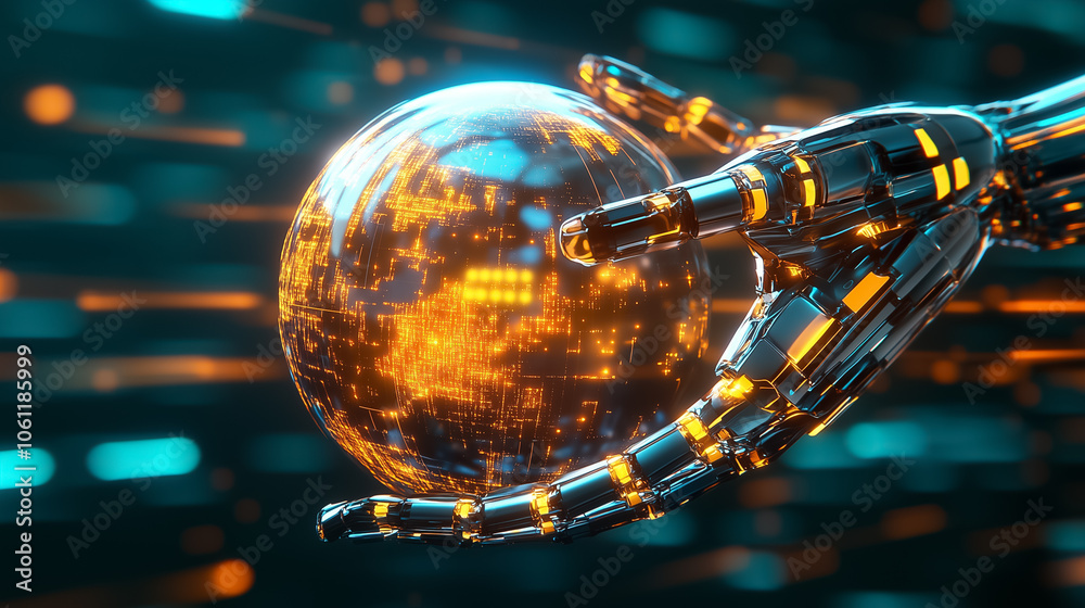 A metallic robotic hand extends toward a bright digital globe, symbolizing innovation and advanced technology A metallic robotic hand extends toward a bright digital globe, symbolizing innovation and advanced technology