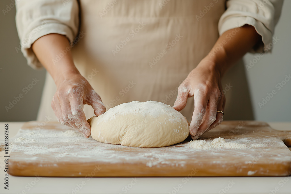 Artisan Bread Making in a Warm Rustic Kitchen with a Woman Mixing Dough Surrounded by Light Cream Backsplash and Vintage Curtains Artisan Bread Making in a Warm Rustic Kitchen with a Woman Mixing Dough Surrounded by Light Cream Backsplash and Vintage Curtains
