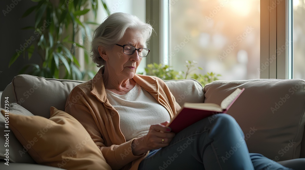 Fototapeta premium Aged woman sitting on couch and reading book pastime daydream, senior lady enjoying free time at home alone, classic aged mature grandmother relax satisfied female time with book learning time science
