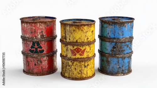 Three weathered barrels in red, yellow, and blue, likely for hazardous materials storage. photo