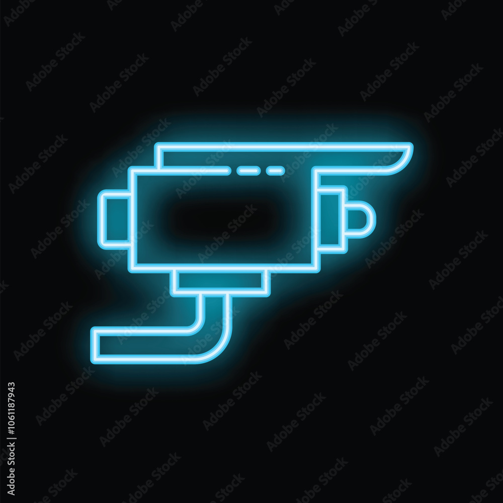 Blue neon cctv camera icon glowing in the dark, representing safety and surveillance Blue neon cctv camera icon glowing in the dark, representing safety and surveillance