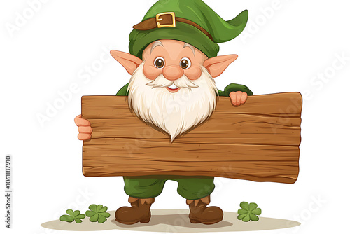 cartoon character. Autumn gnome fairy tale. Happy and cute fairy tale leprechaun mascot in costume with wooden signboard