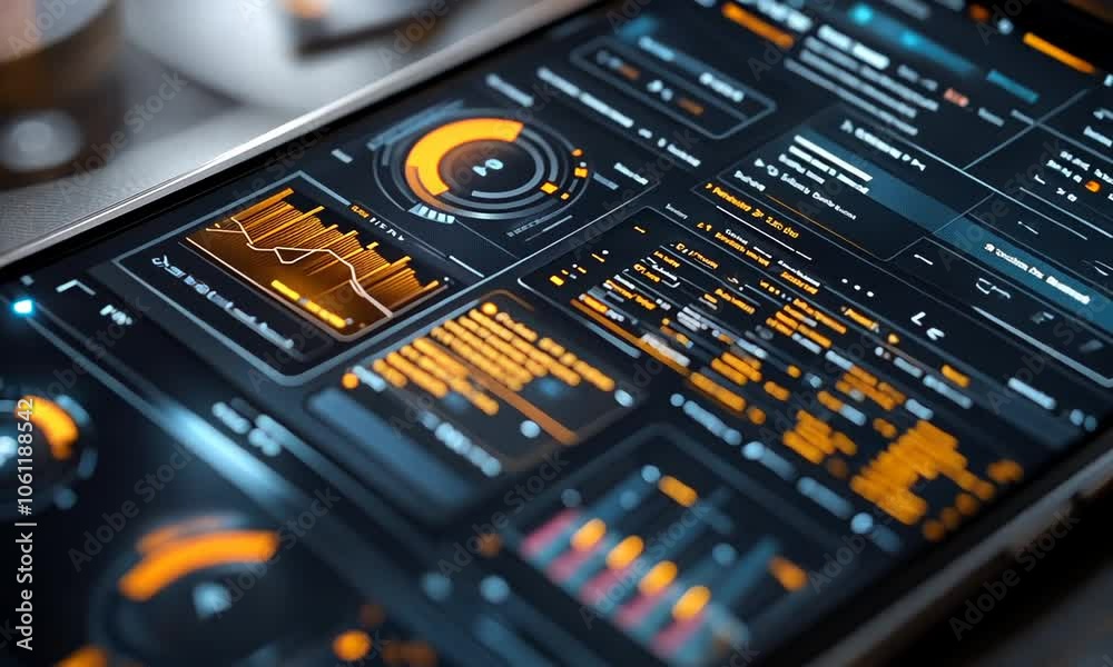 Futuristic phone interface with graphs and dials. Futuristic phone interface with graphs and dials.