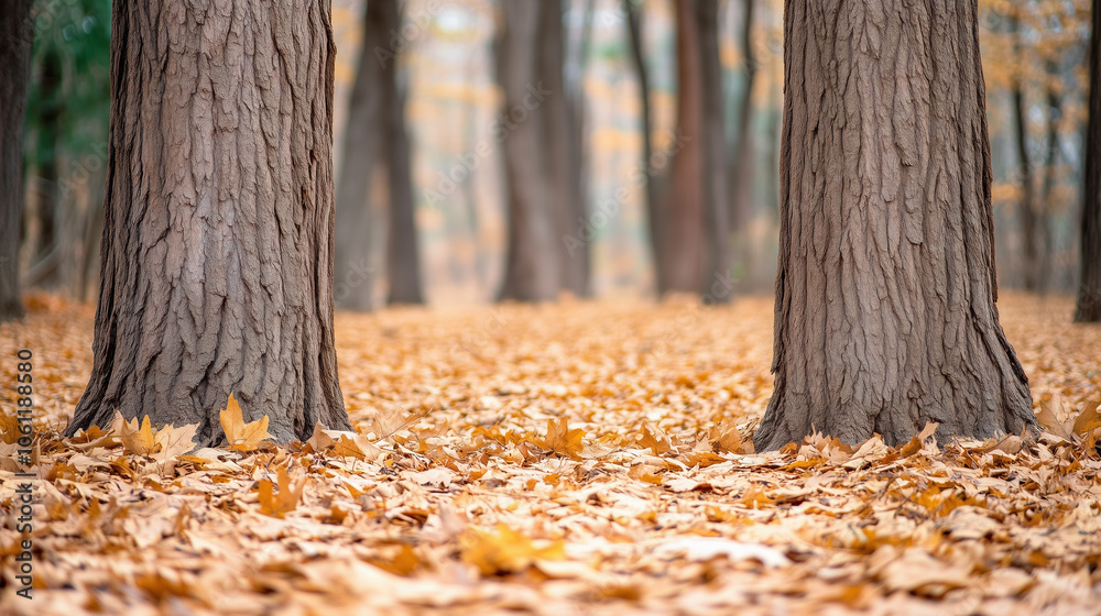 Serene Autumn Forest Scene with Saddle Brown Tree Trunks, Light Brown Leaves, and a Peaceful Seasonal Atmosphere Under Warm Natural Colors Serene Autumn Forest Scene with Saddle Brown Tree Trunks, Light Brown Leaves, and a Peaceful Seasonal Atmosphere Under Warm Natural Colors