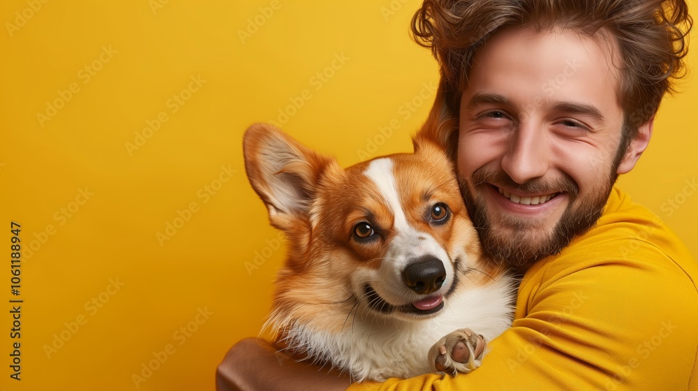 Full body photo of a happy smiling man holding a corgi dog in his arms, isolated on a yellow background with copy space.