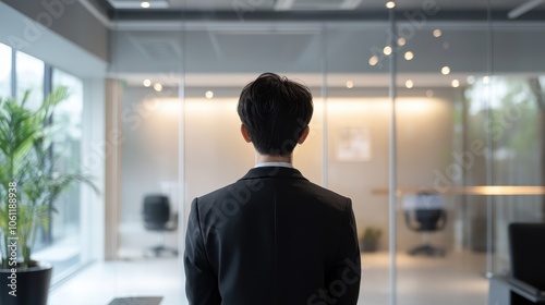 Businessman Standing in Modern Office with Bright Window