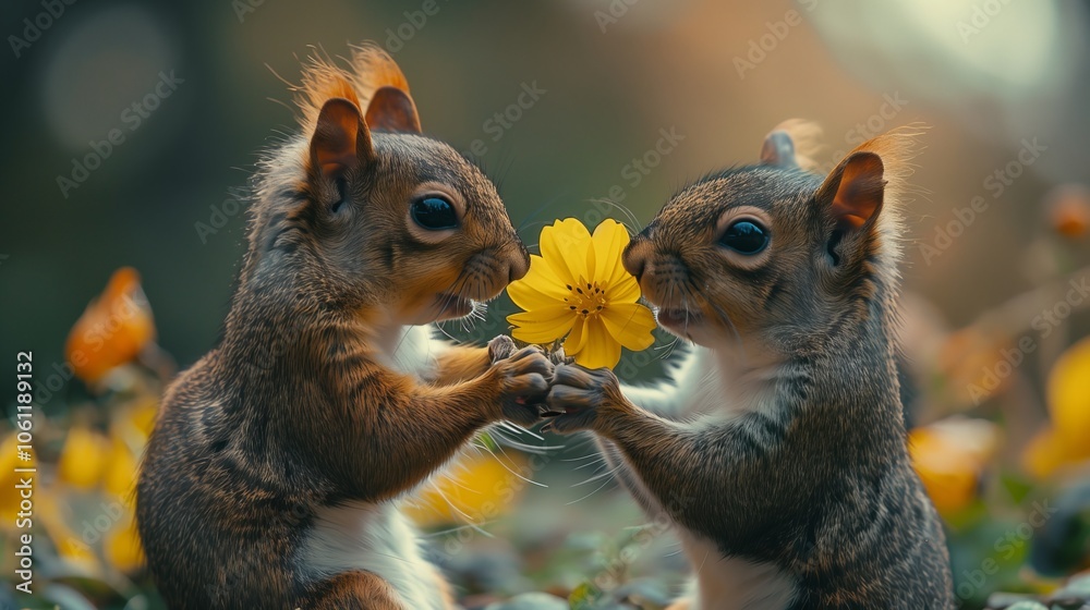 Two cute squirrels holding a yellow flower and giving it to each other, with a happy expression on their faces Two cute squirrels holding a yellow flower and giving it to each other, with a happy expression on their faces