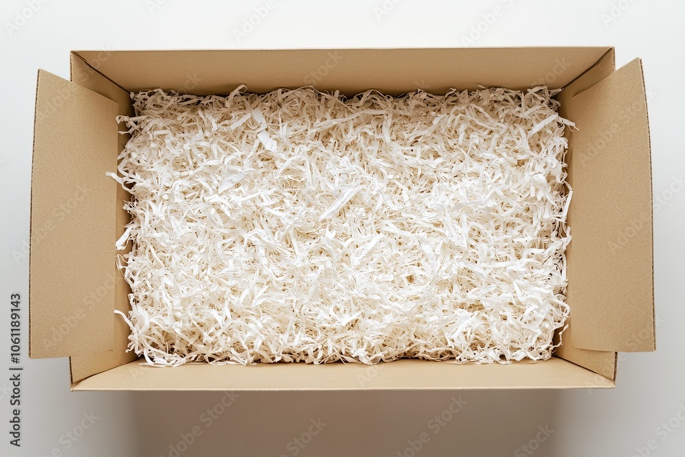 Open; box with shredded paper on a white background.; Cardboard box with decorative fillers for your product. Flat lay; top view; empty space for products Open; box with shredded paper on a white background.; Cardboard box with decorative fillers for your product. Flat lay; top view; empty space for products