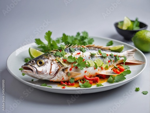 Pla Kapong Neung Manao on White Plate with Lime and Herbs photo