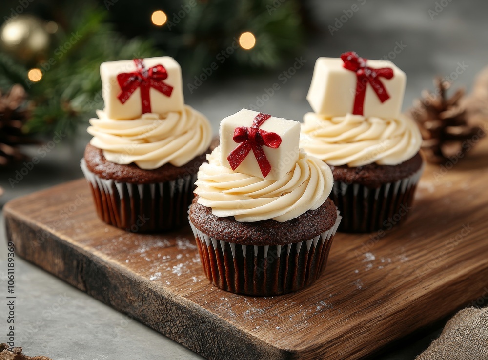 Festive gingerbread cupcakes topped with cream cheese frosting and decorated with mini gift box toppers, perfect for holiday celebrations. Festive gingerbread cupcakes topped with cream cheese frosting and decorated with mini gift box toppers, perfect for holiday celebrations.